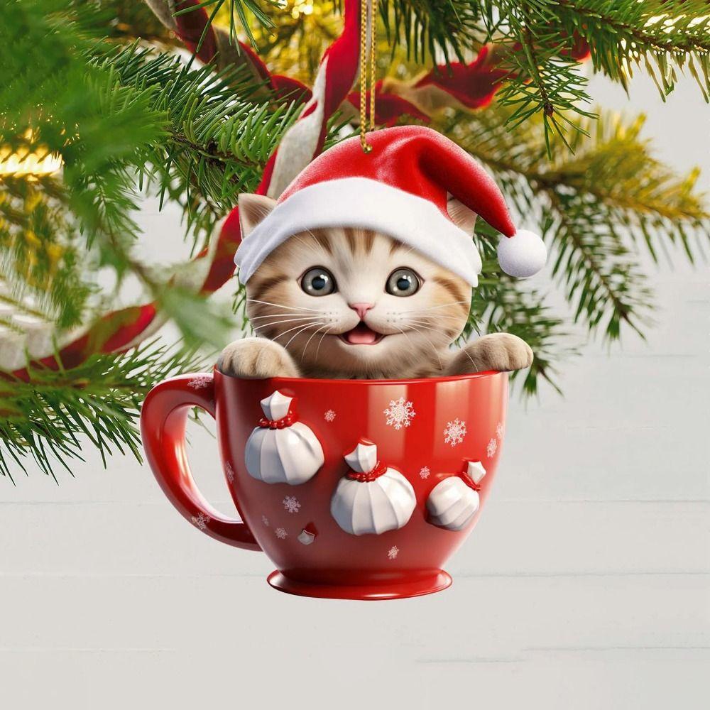 Flat Christmas Cat Pendant Acrylic Christmas Tree Decorations Cute Cat Xmas Hat Ornament Holiday