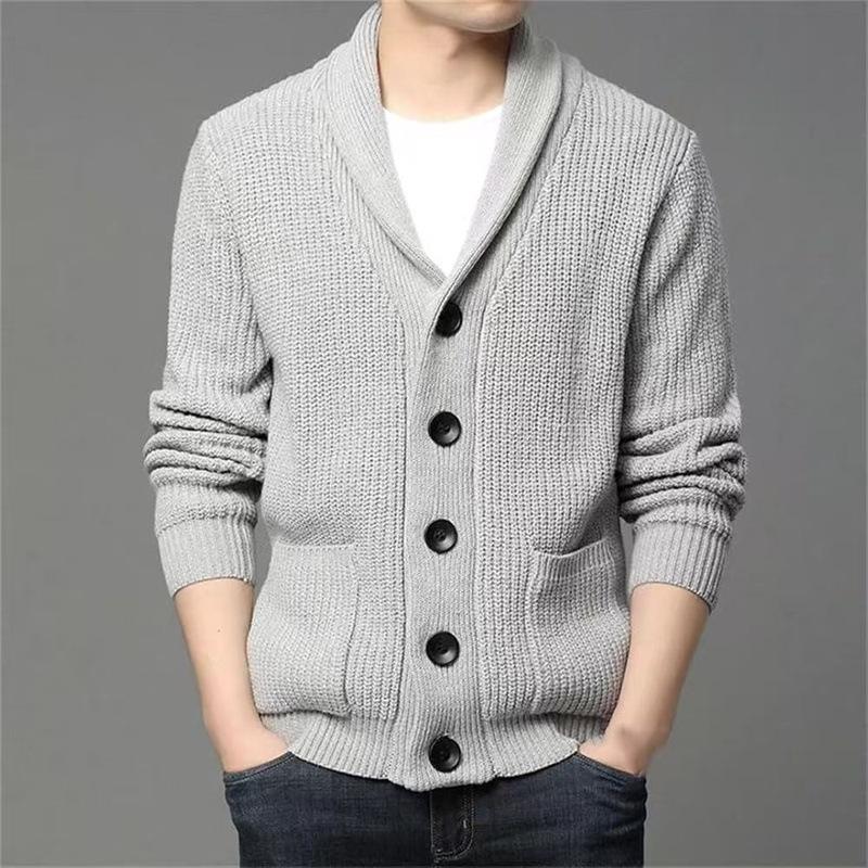 Autumn Winter Men's Thick Button Cardigan Green Fruit Collar Sweater V-neck Solid Color Casual Sweater