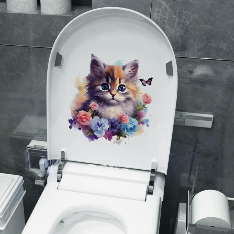 Милые наклейки на стену с котами, акварельные животные, цветы, водонепроницаемые наклейки, наклейки для ванной и туалета KTY