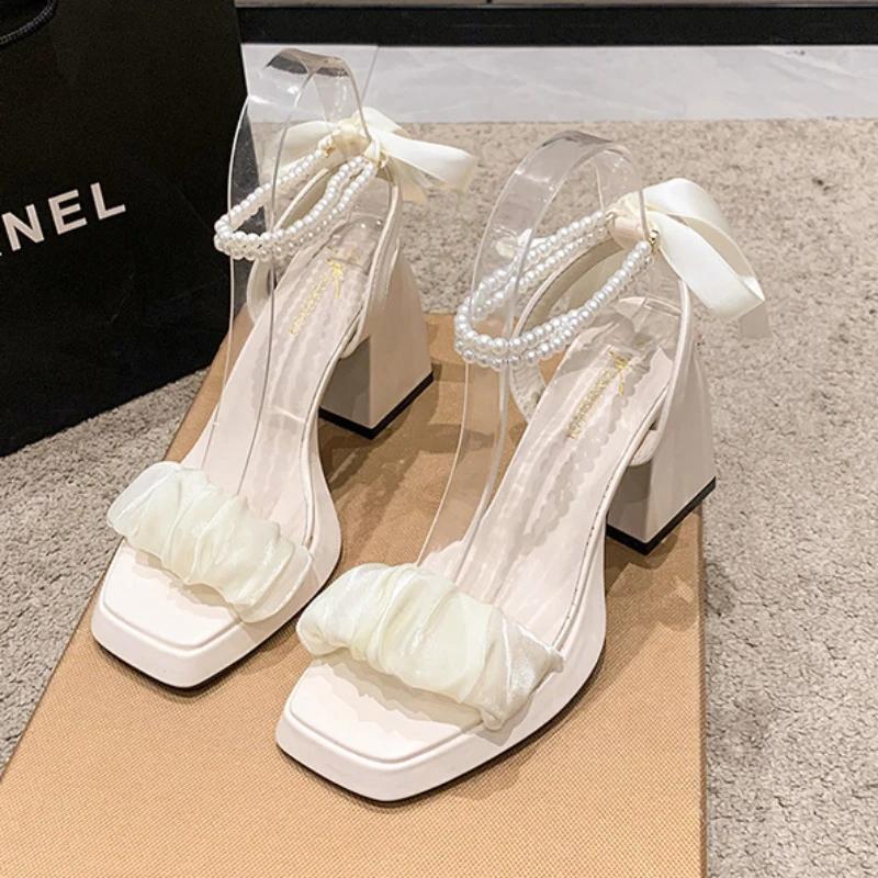 2025 Women's Pumps with Elegant Bows Women Shoes Party Square Toe Pearl Sandals Thick Heel Shoes for Women Retro Zapatos