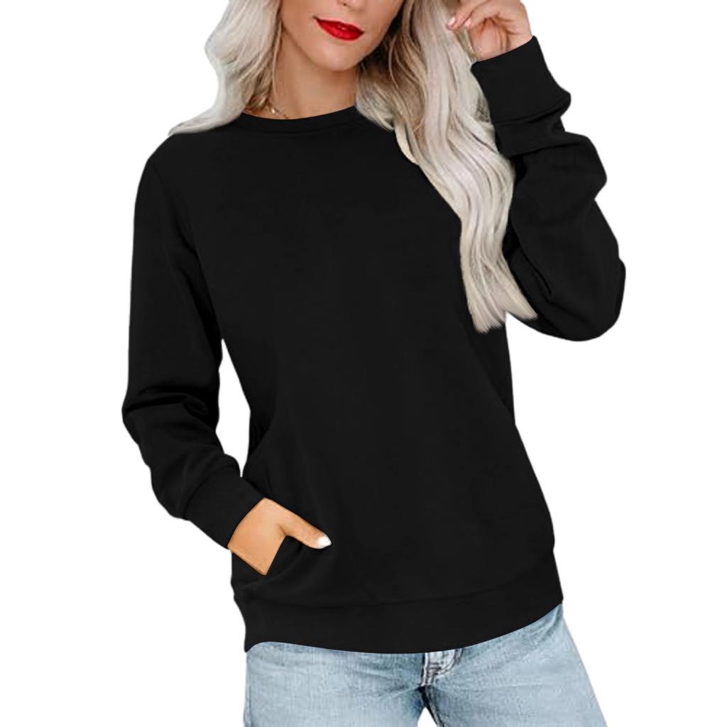 Women's Casual Fashion Solid Color Neck Long Sleeve Sweatshirt Lightweight Pullover With Side Pockets Warm Sweatshirt