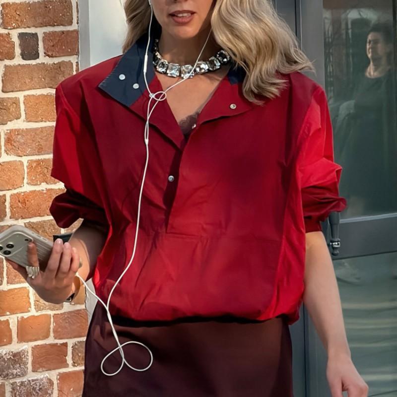Color Block Splicing Collared Sweatshirt Loose Long Sleeve Top Women