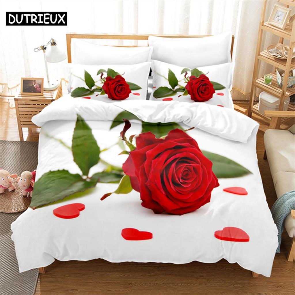 3D Принт Красной Розы - 3 предмета Комплект Пододеяльников, Доступен в размерах Кинг, Квин, Двуспальный, Односпальный и Двойной