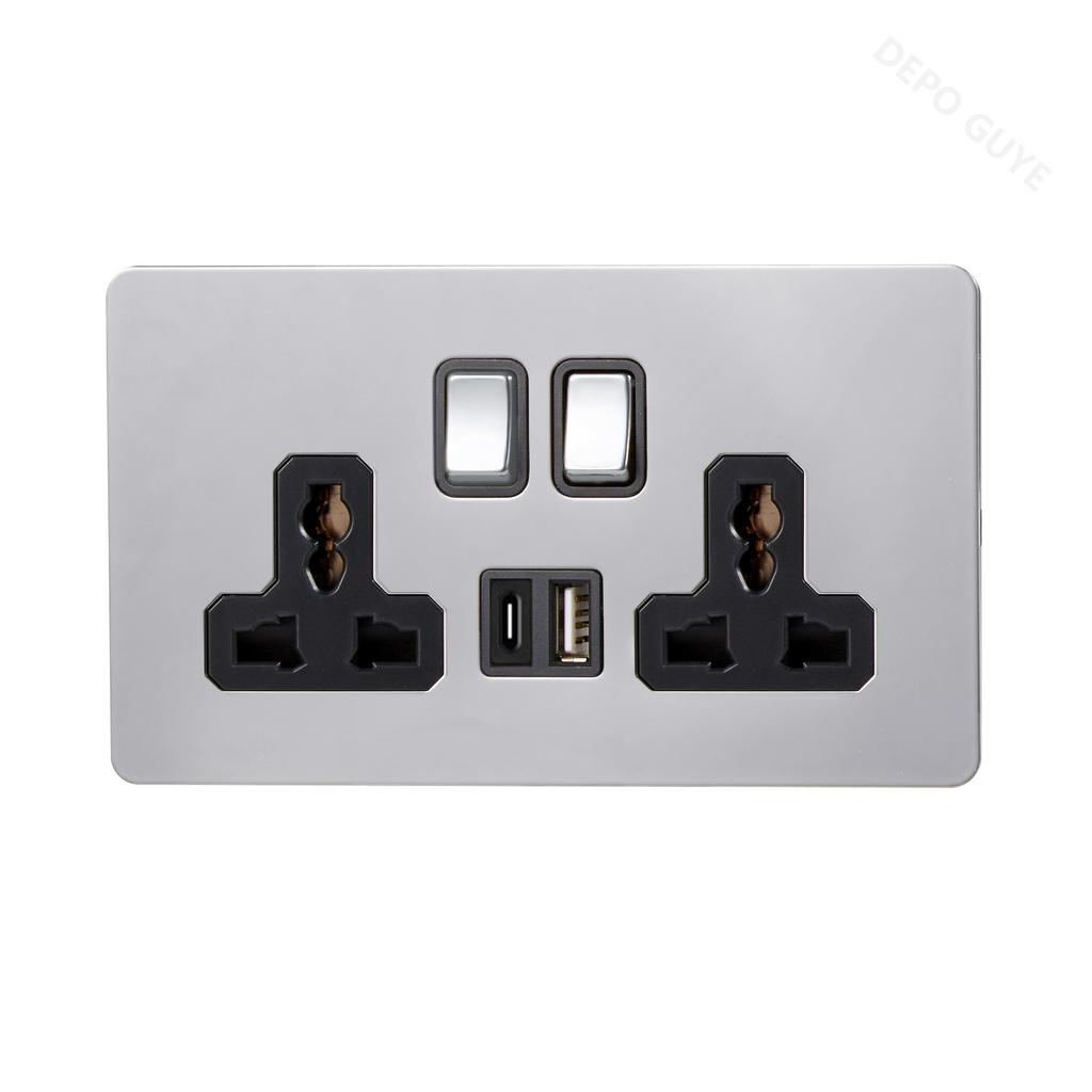 Wall Light Toggle Retro Switch Panel 1-4 Gang2Way Eu Silver Gray Brushed Stainless Steel Antique Switch Outlet with USB Charging