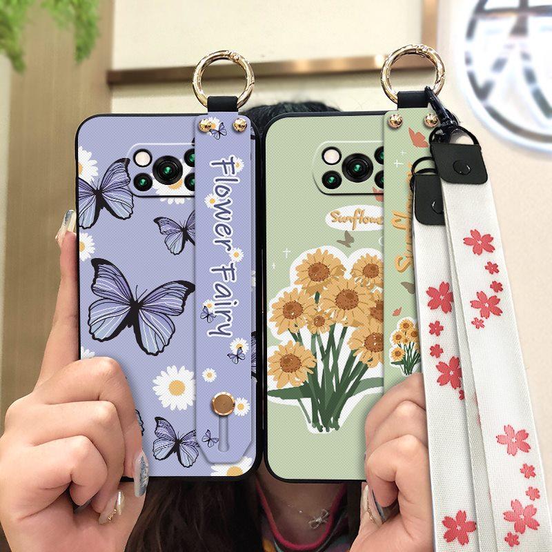 Anti-knock Protective Phone Case For Xiaomi Poco X3 NFC/X3 Pro Durable Oil Painting Phone Holder Wrist Strap Flower Ring