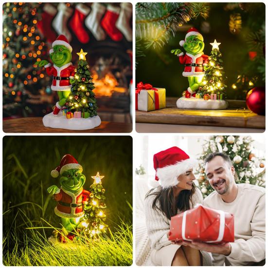 Christmas Statue with LED Lights Handmade Resin Sculpture Battery-Powered Festive Figurine for Patio Balcony Yard Housewarming Gift