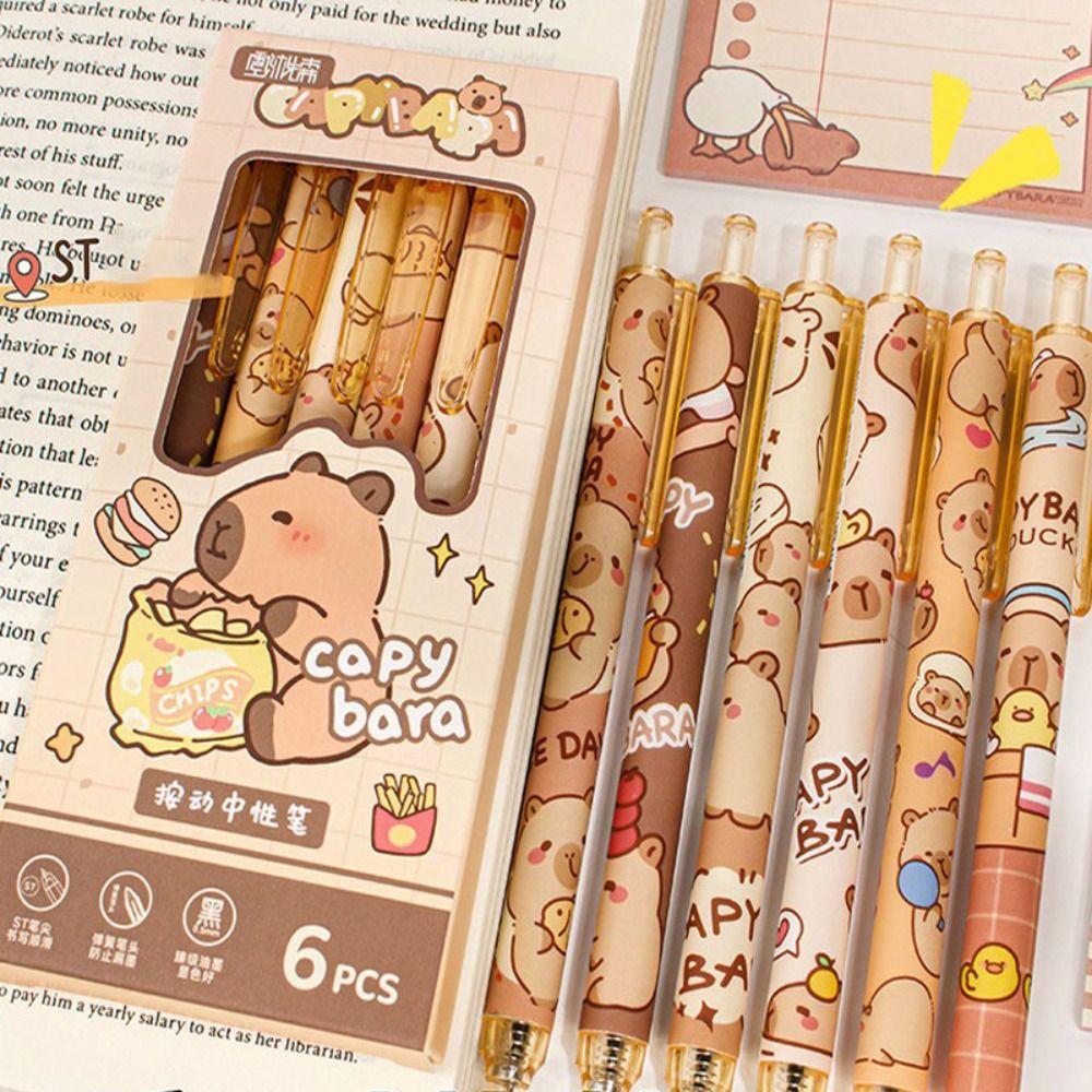 6 шт. Быстросохнущая ручка с нажимным механизмом 0,5 мм Ручка для экзаменов Милая гелевая ручка с капибарой Офис