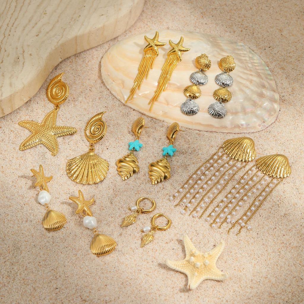 GEMCHIC Women's Summer Ocean Style Stainless Steel Beach Earrings Starfish Shell Fashion Ear Pieces