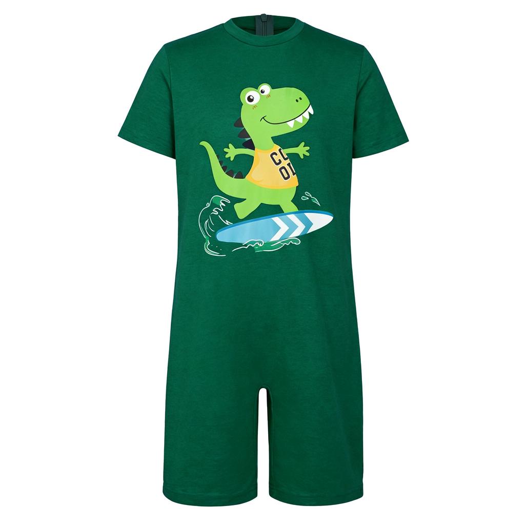 Boys Dinosaur Jumpsuit Short Sleeve Back Invisible Zipper Thigh Length Adaptive Bodysuit Special Needs