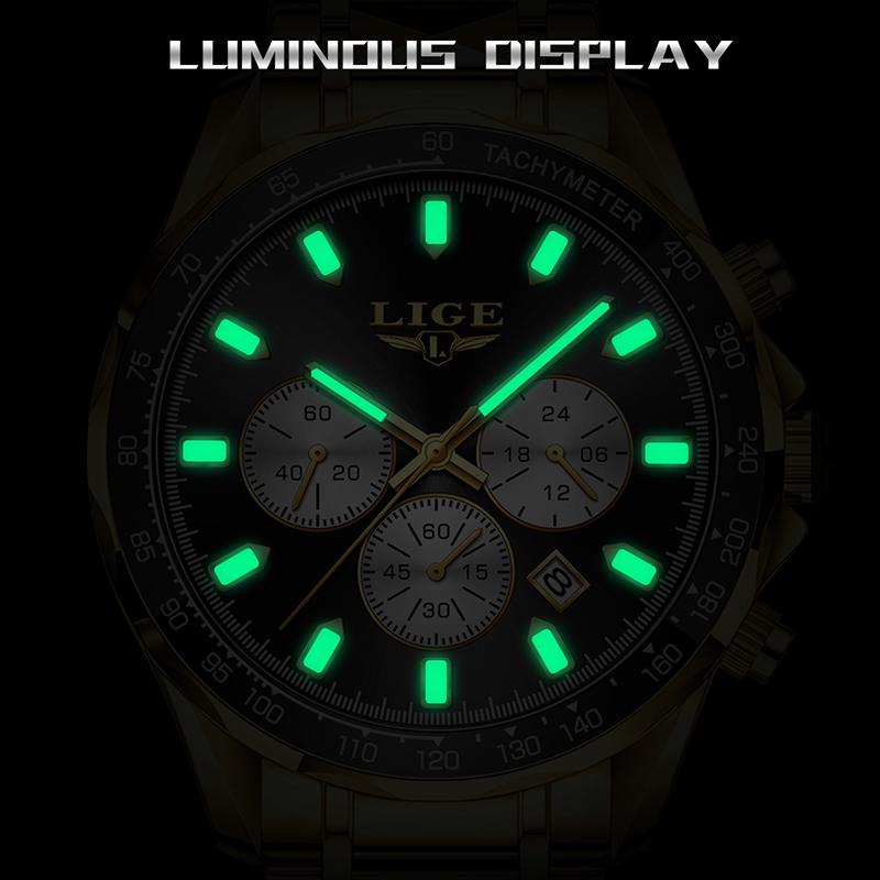LIGE New Luxury Gold Men Watch Outdoor Sports Wateproof Chronograph Quartz Wristwatch Business Sport Male Clock Montre Homme+BOX