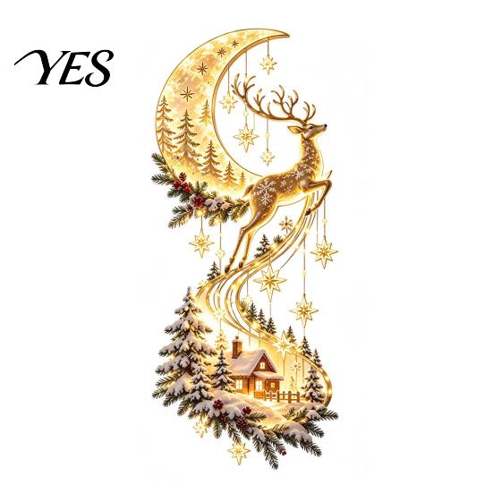Warm White Waterfall Lights Christmas Magic Trail Wall Light, 2D Flat Acrylic Lighted Art, Space Saving Holiday Decor Glow Crescent Moon Deer