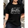 Женская футболка с принтом 'Faith' с круглым вырезом и коротким рукавом - Спортивный повседневный стиль, свободный крой, простой дизайн, 95% полиэстер 5% спандекс