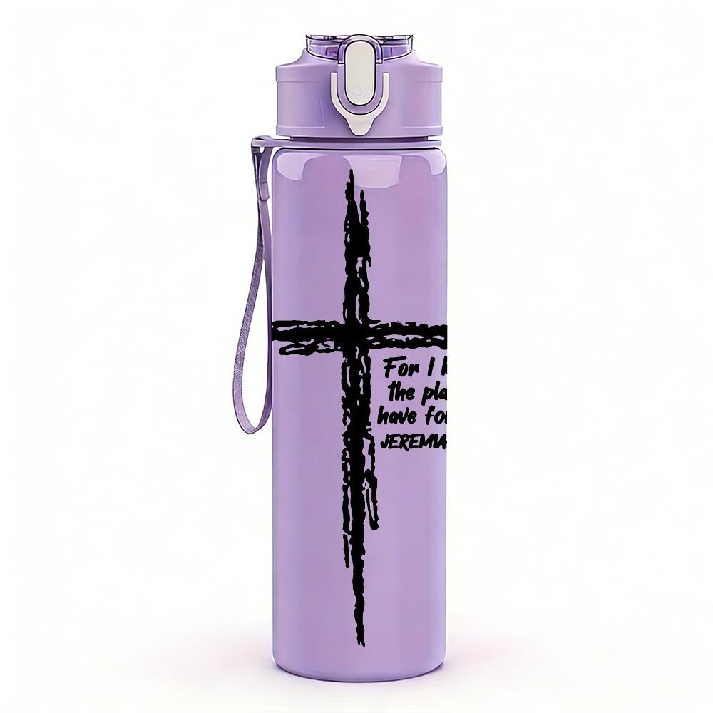 1PC Scripture Verse Wooden Cross 750ml Color Plastic Sports Water Bottle Leakproof Flip Straw Lid Suitable for Sports Office Home Use