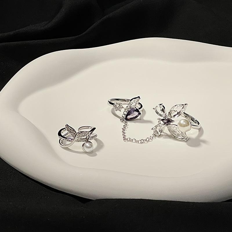 Niche Design 2-Piece Chain Butterfly Pearl Zircon Personality Sweet And Cool Open Ring Female Cold Wind