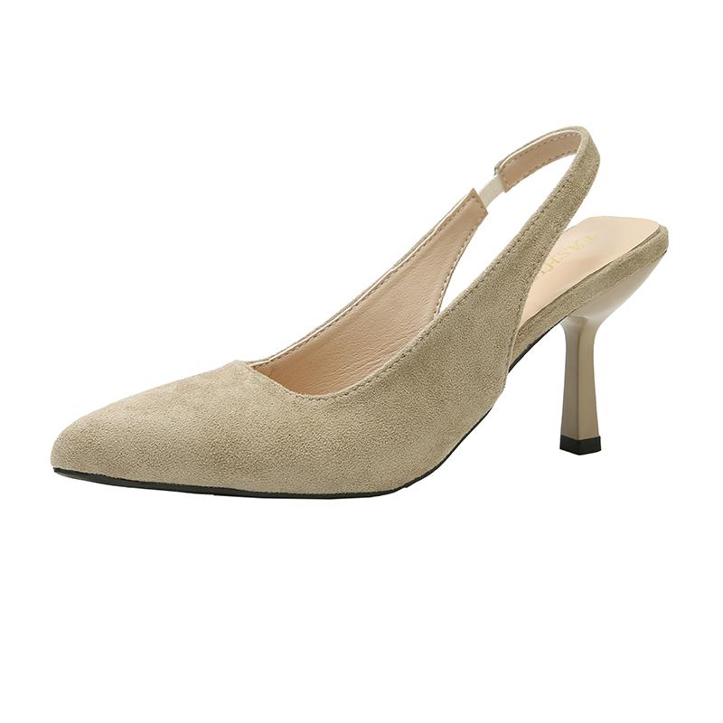 Летние замшевые босоножки на тонком каблуке Женская мода Остроносые с мелким вырезом На ремешке на подъеме Воздухопроницаемые Противоскользящие Ношение на каблуке