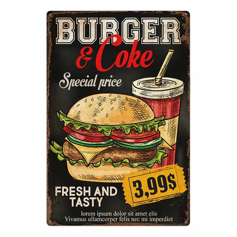 Hamburger Metal Tin Sign Plaque Vintage Burgers and Fries Metal Plate Poster Kitchen Restaurant Shop Wall Decor