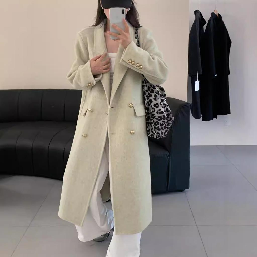 Retro Gold Buckle Brown Suit Double-sided Wool Coat for Women Autumn and Winter Double-breasted Mid-length Herringbone Wool Coat
