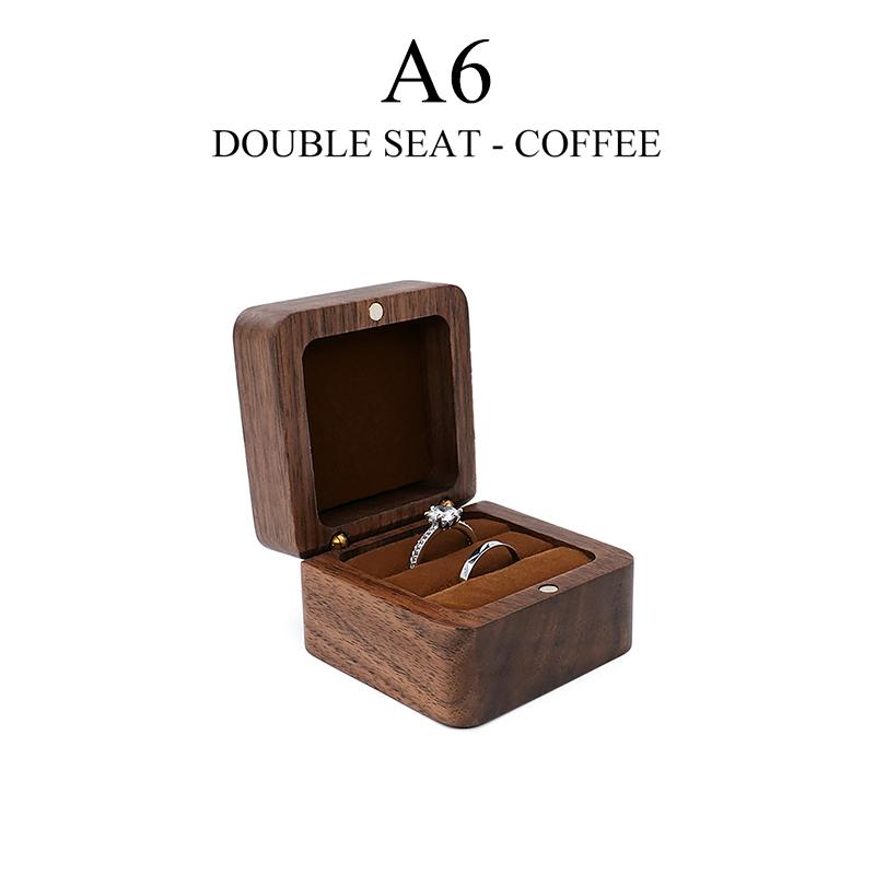 Square Wooden Ring Box for Couple - Walnut Engagement Ring Case, Wedding Jewelry Gift Box Organizer
