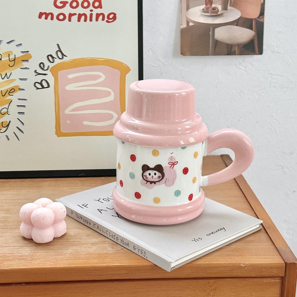 Cute Polka Doll Puppy Kettle Cup Ceramic Mug with Lid Spoon Couple Home Coffee Breakfast Cup Souvenir Gift