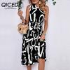 Summer Women's Monogram Print Oblique Shoulder Dress