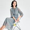 Summer V-neck Geometric Print Ruffle Edge Splicing Seven Quarter Sleeve Mulberry Silk Mid Length Women's Dress