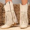 Модные ботинки с заклепками и кисточками в уличном стиле Женские 2025 Новые Бежевые Большого размера 36-43 Ботинки до середины икры для женщины Заостренный носок На молнии Ботас Женские