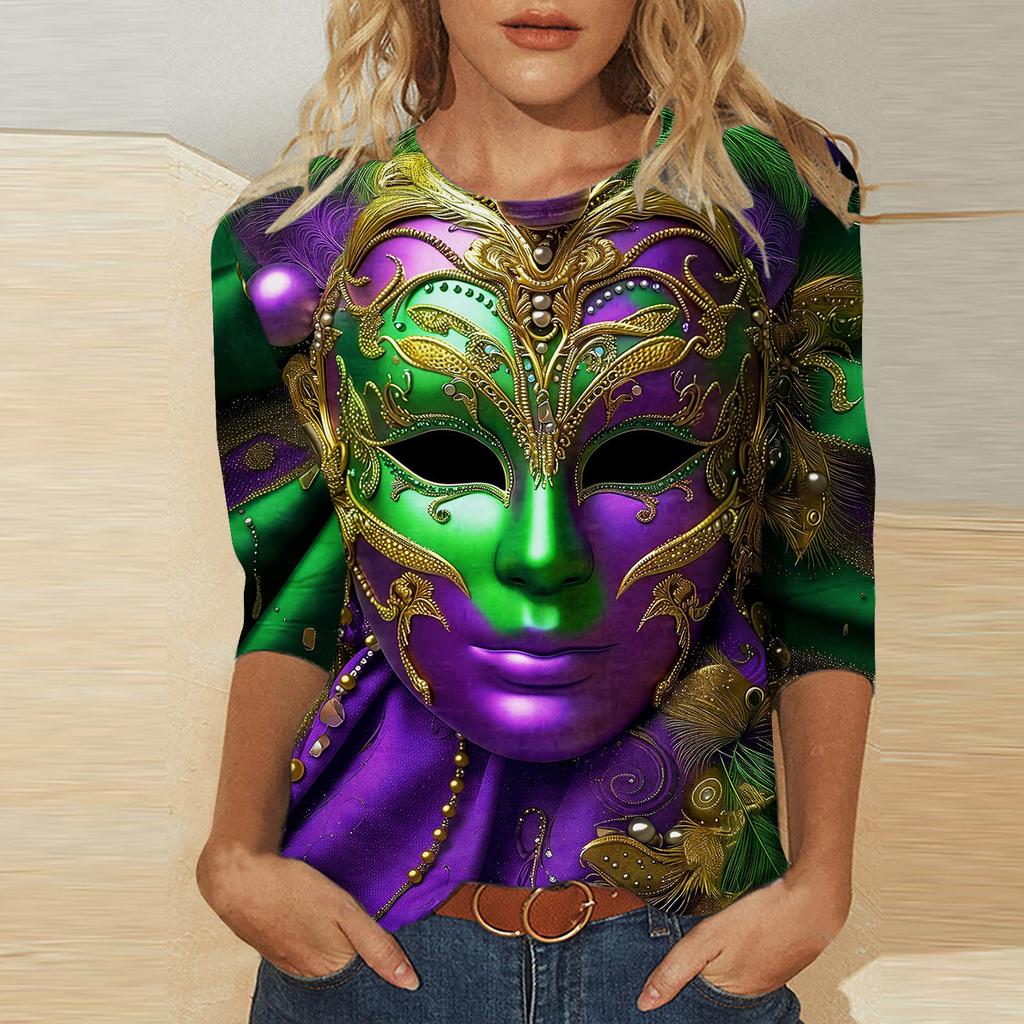 Round Neck 3D Mask Printed Top Fashionable Casual Long Sleeved Women's T-shirts