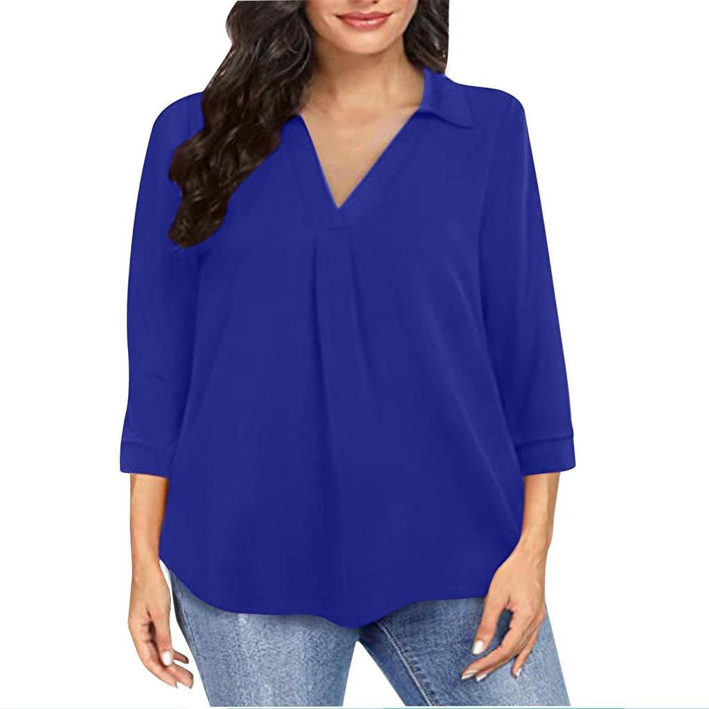 Women's Summer Chiffon Loose 7-quarter Sleeve V-neck Plus Size Shirt