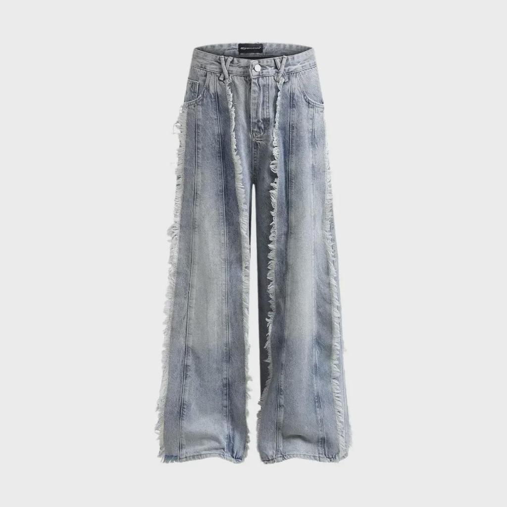 2024 Summer Retro High-Waist Loose Wide-Leg Fringe Jeans for Women