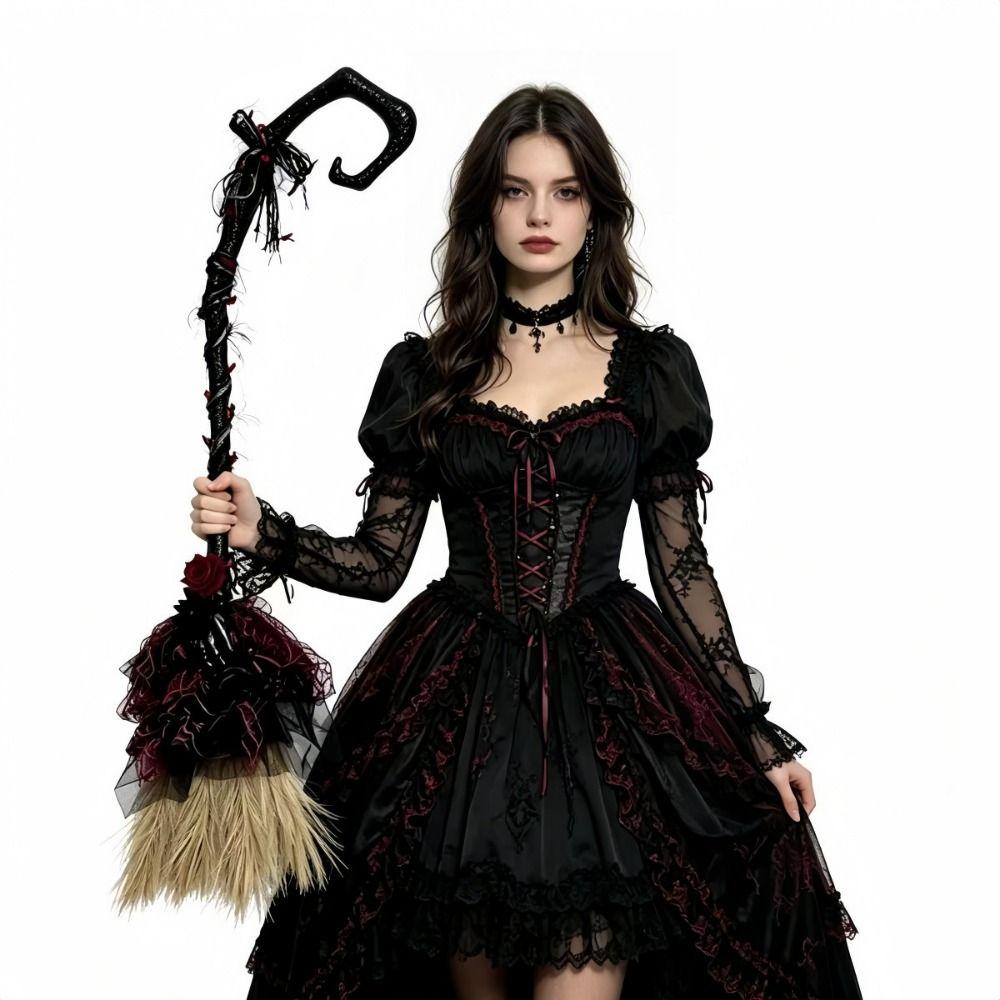 Rose Halloween Witch Broomstick Red Black Cosplay Party Broom Cosplay Broom  Halloween Costume