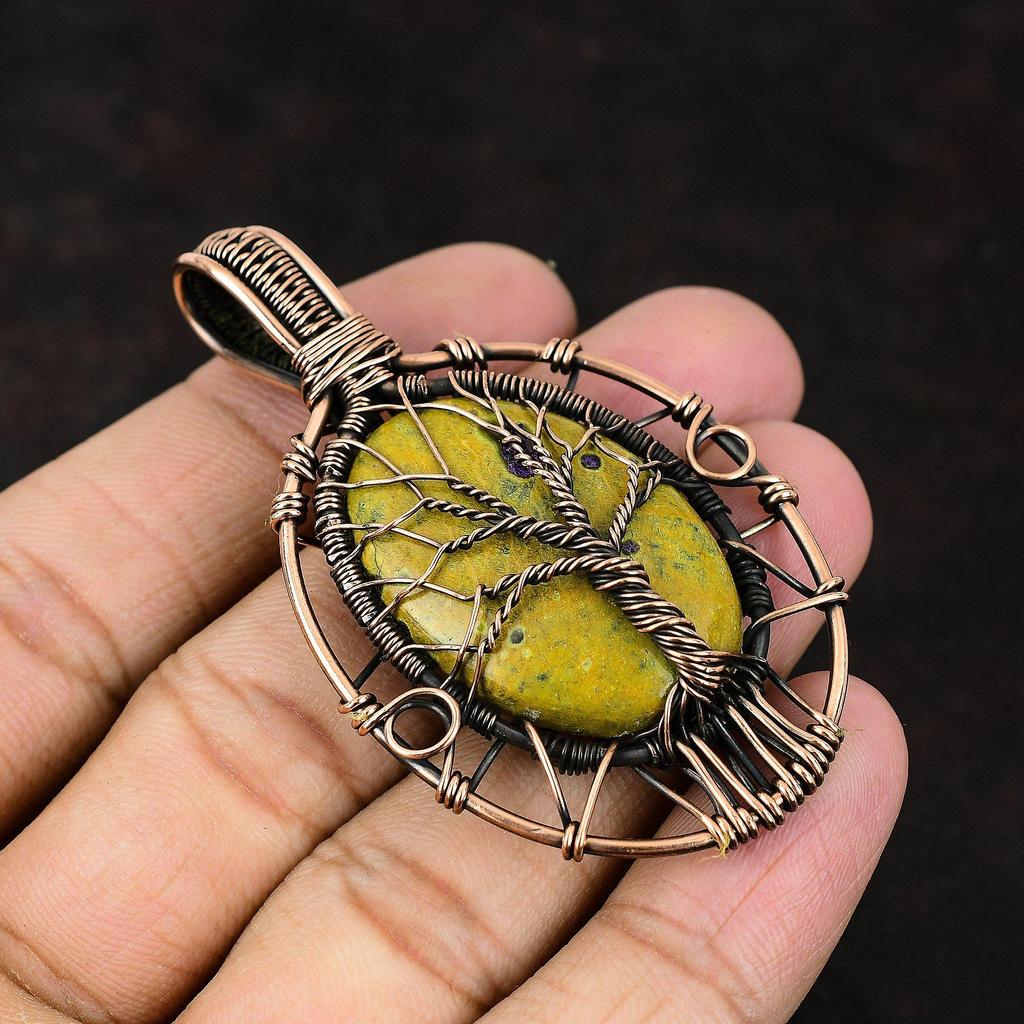 Подвеска из стихтита «Дерево жизни», медная проволока, обернутая в обертку, драгоценный камень, медная проволока, ювелирное изделие ручной работы, уникальный медный дизайн, кулон, подарок для нее