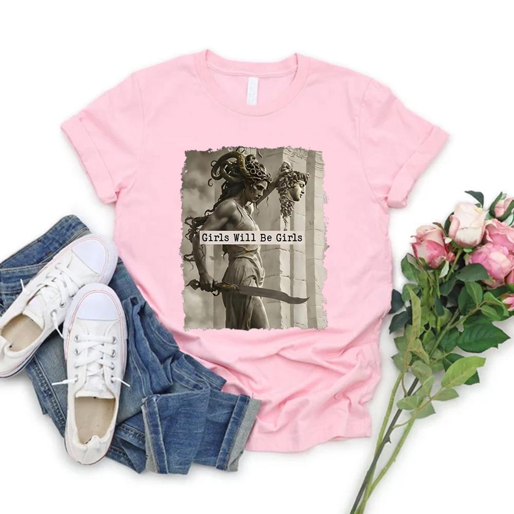 Girls Will Be Girls T-Shirt Feminist Shirt Women's Empowerment Tee Vintage Short Sleeve Halloween T-shirt Casual Graphic Tees