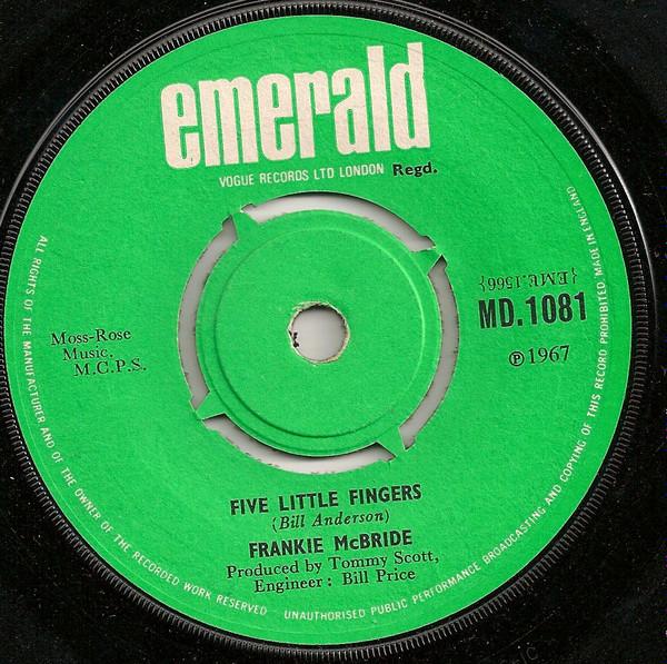 7-дюймовая пластинка FRANKIE MCBRIDE Five Little Fingers MD1081 EMERALD 1967 UK Поп Б/у
