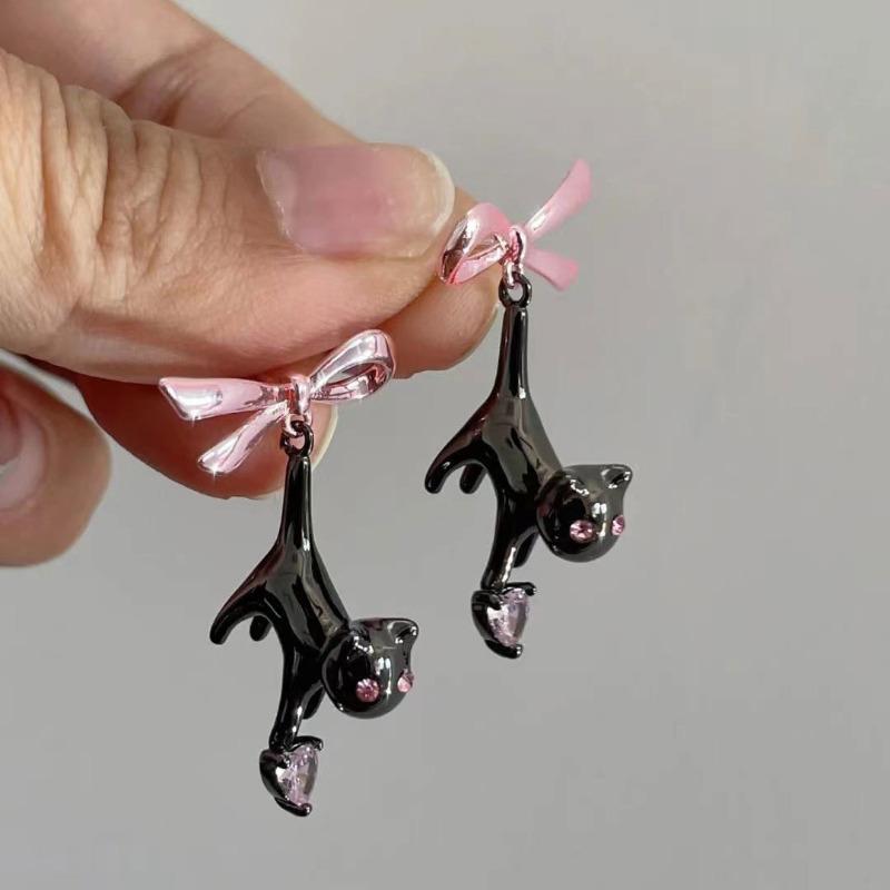 Cute Pink Bow Pink Heart Black Cat Dangle Earrings for Women Sweet Creative Funny Trend Jewelry AVE
