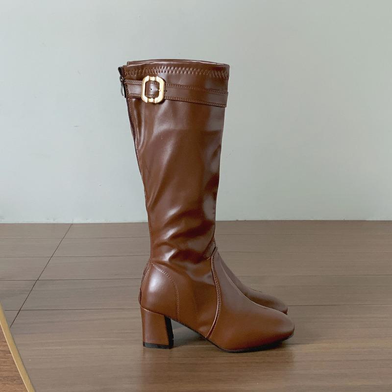 Роскошные женские сапоги Модные сапоги до колена с квадратным носком и толстым каблуком Сапожки с ремешком и пряжкой Эластичные сапоги Обувь из качественной кожи