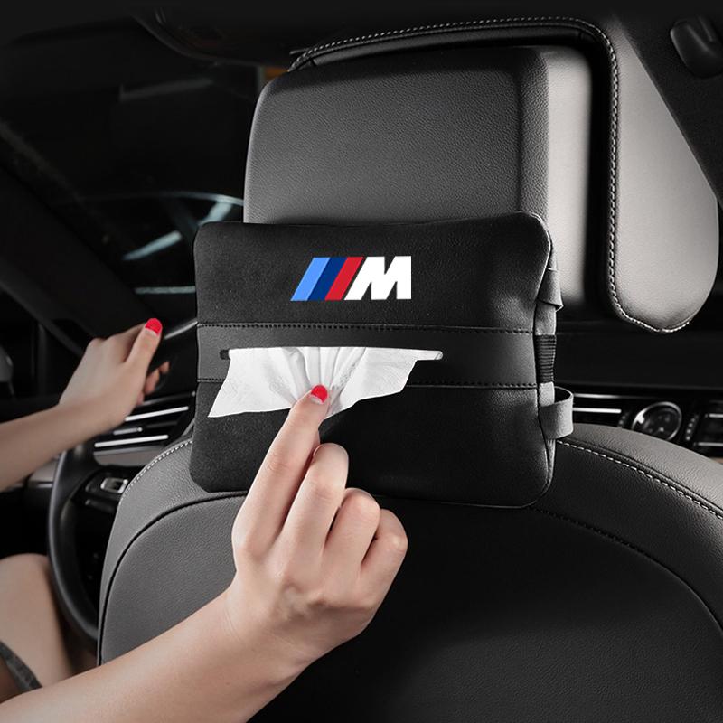 Car Flip Fur Car Seat Back Hanging Tissue Box Car Armrest Box Napkin Bag Set For BMW M Power Performance M3 M5 X1 X3 X5 sticker OH6
