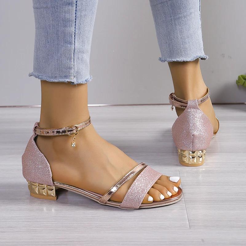 Женские сандалии Летние каблуки Повседневная обувь Женская с открытым носком Летняя золотая обувь Квадратный ремешок на щиколотке Низкий каблук Обувь Женская