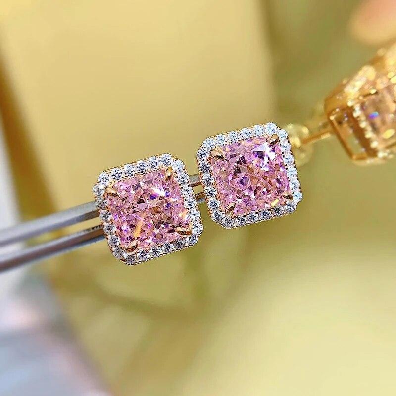 S925 100% стерлинговое серебро сверкающие квадратные розовые серьги-гвоздики с высокоуглеродистыми бриллиантами для женщин Свадебная вечеринка изящные ювелирные изделия в подарок