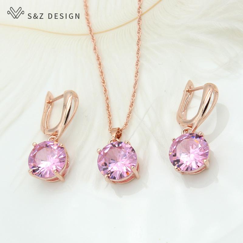 Fashion Classic Big Round Cubic Zirconia Drop Earrings Jewelry Sets For Women Wedding Rose Gold Color Pendant Necklace