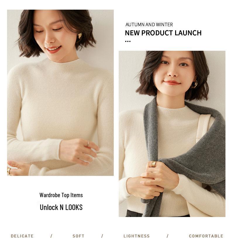 Women's Cashmere Striped Sweater: Slim-Fit Fashionable Pullover with Half-High Collar for Autumn & Winter