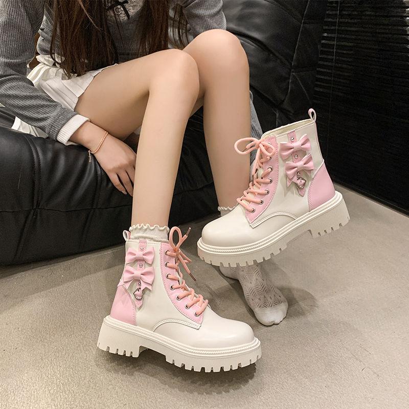 High Platform Round Toe With Laces Chunky Female Short Shoes Spring Autumn Bow Women'S Ankle Boots Y2K Trend Sale Booties