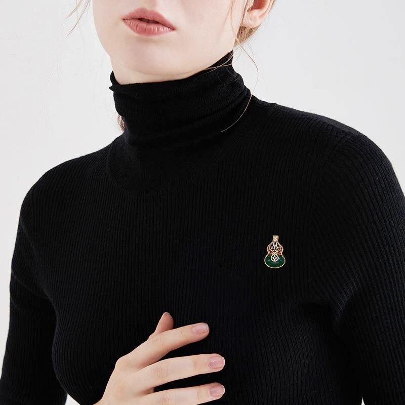 Blucome New Jewelry All-match Hollow Gourd Brooch Fulu Inlaid Hetian Jasper Women Pins Accessories