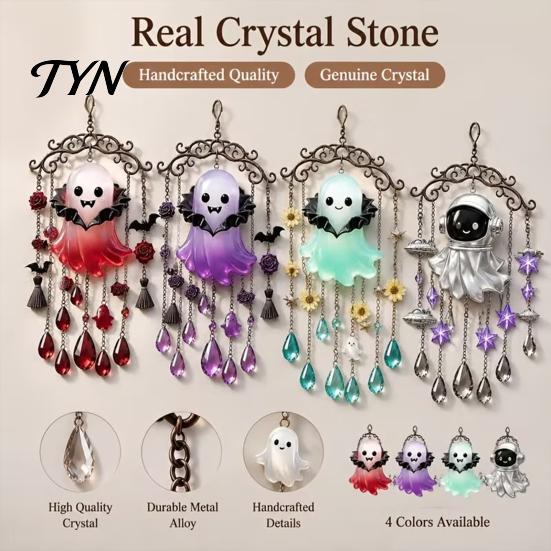 Halloween Party Supplies Ghost Wind Chime Decoration, Vintage Sun Catcher with Faux Crystal Alloy Chain Drops Tassels, Acrylic Hanging Ornament