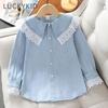 Girls Denim Blouses Spring Autumn New Lace Collar Blue Tops Girl Cardigan T-shirt