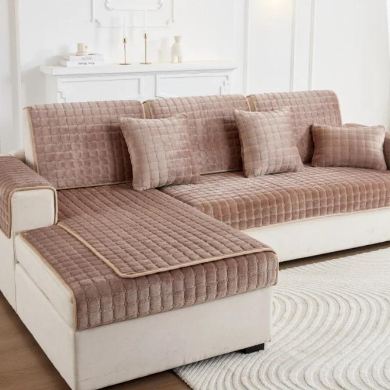 Winter Thick Plaid Plush Sofa Cover Warm Velvet Non-Slip Cushions Living Room Flannel Couch Covers Universal Armrest Back Towel