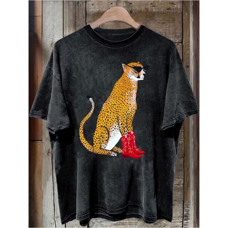 Washed Vintage Cheetah T Shirt Men Women Retro Y2k Short Sleeve Tees Western Aesthetic Harajuku Oversized O-neck Casual Tops