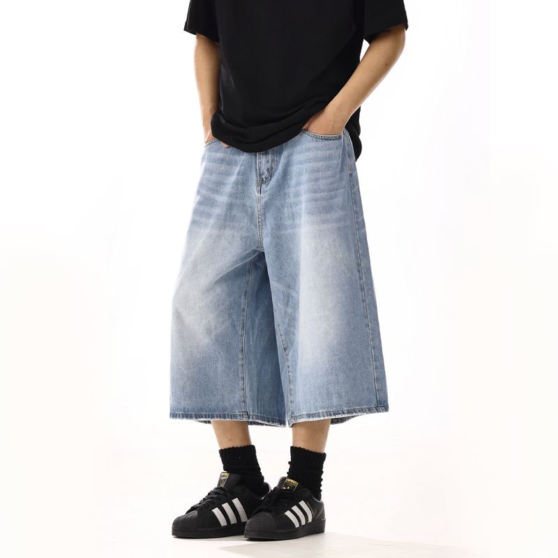 American Retro Denim Cropped Pants Male and Female Trendy Brand Washed Fancy Loose Easiest for Match Casual Wide-Leg Denim Shorts Denim Shorts