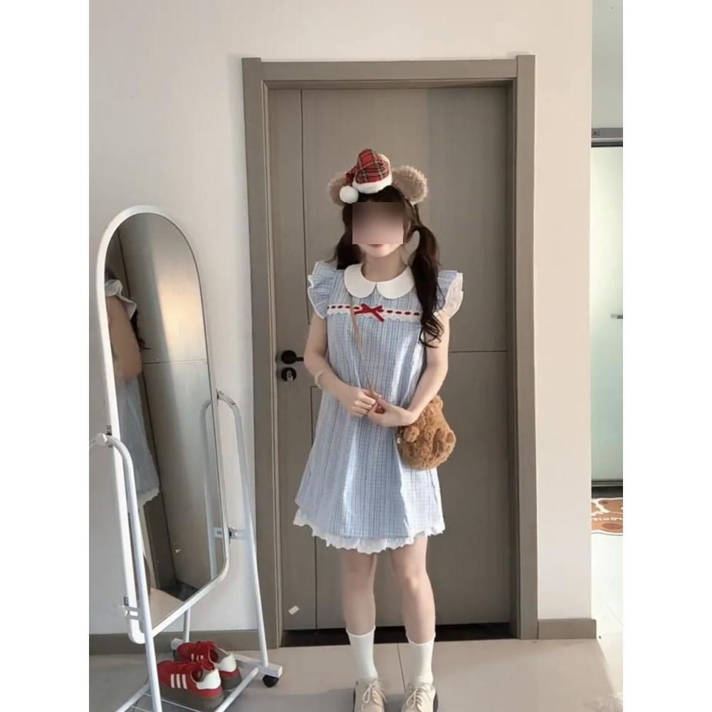 Летняя одежда маленькая рубашка юбка женская студенческая клетчатая вставка свободный кукольный воротник маленький рукав-крылышко платье