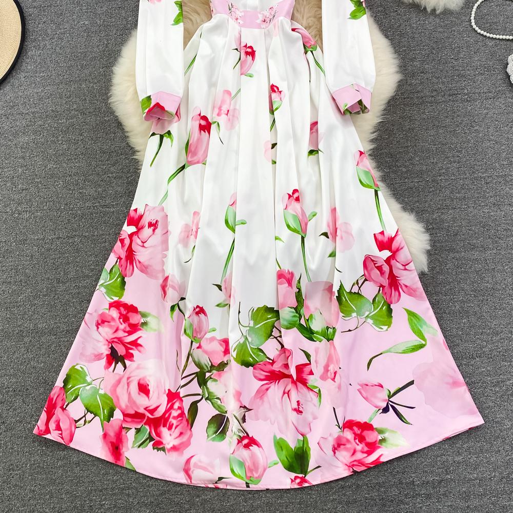 Весеннее европейское и американское модное платье трапециевидной формы с отворотом на талии и принтом, элегантное длинное платье с длинными рукавами