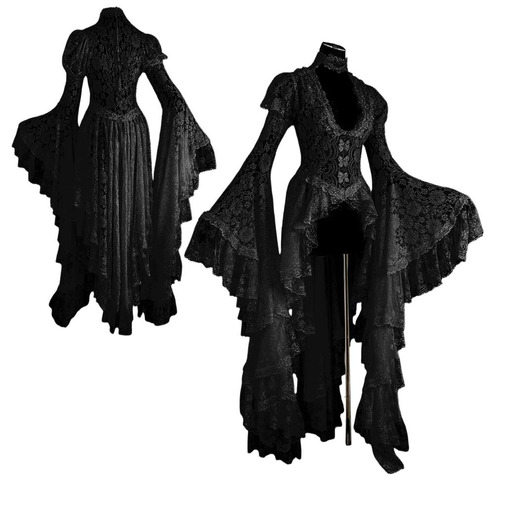 Винтажный Хэллоуин Средневековый Ренессанс Косплей Костюмы Платье Женское Готическое Кружевное Повязка Черное Маскарадное Платье Макси Платье Vestidos